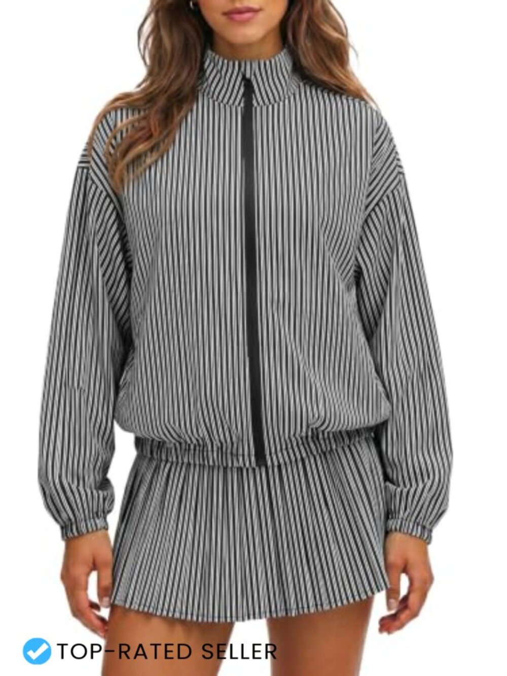 Womens Striped 2 Piece Tracksuit Set Zip Up Jacket Pleated Skirt